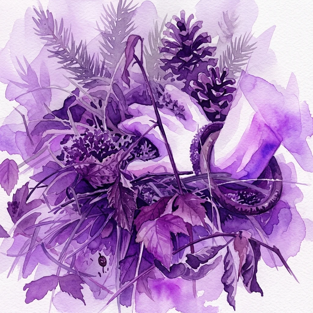 Een aquarelillustratie van een milieukunstsculptuur gemaakt van verzamelde plantendelen, waaronder dennenappels en bladeren, in paarse tinten, die de 'Contemplace'-installatie in de Botanische Tuin van de Universiteit van Wenen voorstelt.