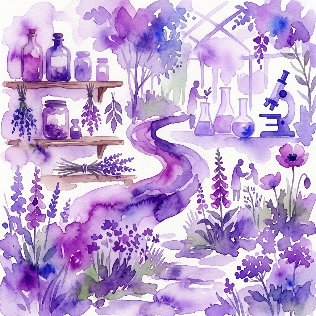Ilustración en acuarela de plantas medicinales, botellas de boticario y equipo científico, que representa la conexión histórica entre la botánica y la medicina en la exposición 'Die grüne Apotheke'.