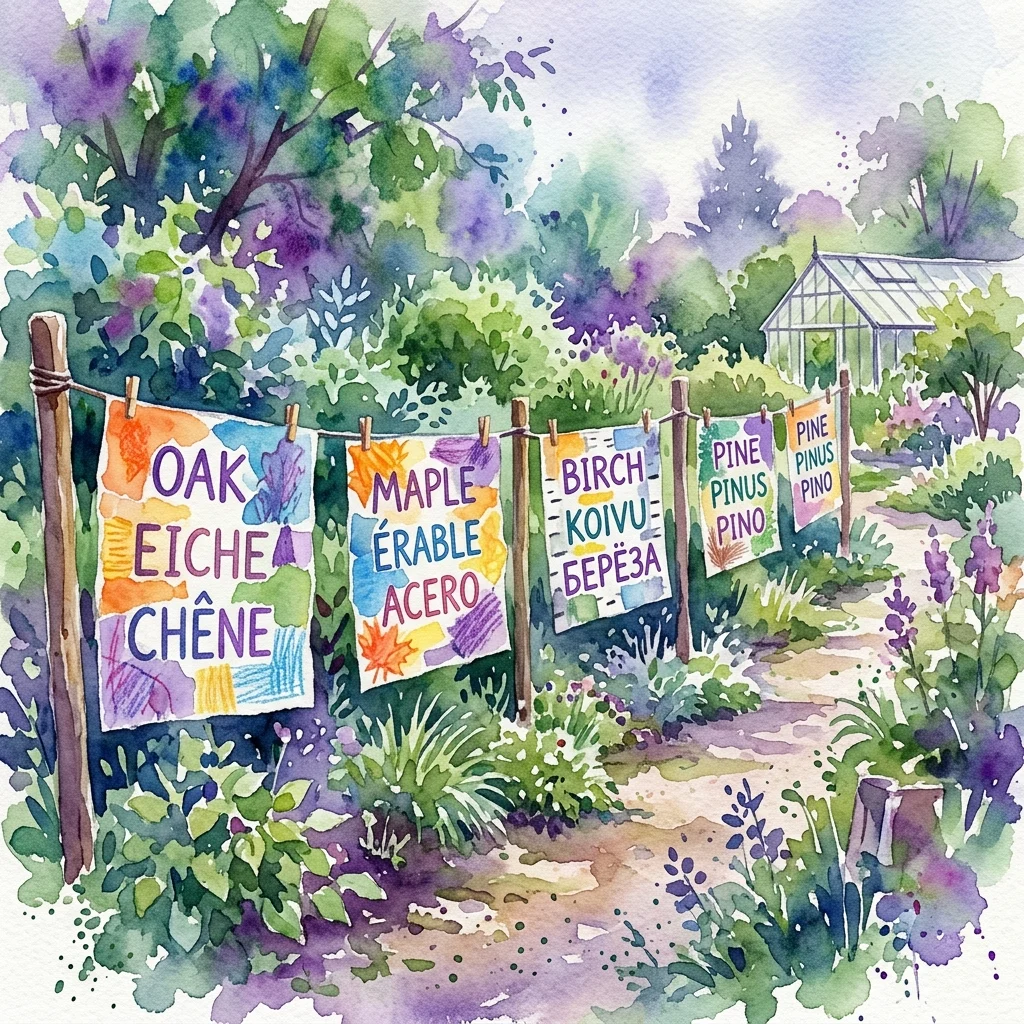 Ilustracja akwarelowa kolorowych szyldów z nazwami drzew, takimi jak Dąb, Klon i Brzoza, w wielu językach, wiszących na linie w bujnym ogrodzie botanicznym z szklarnią w tle.