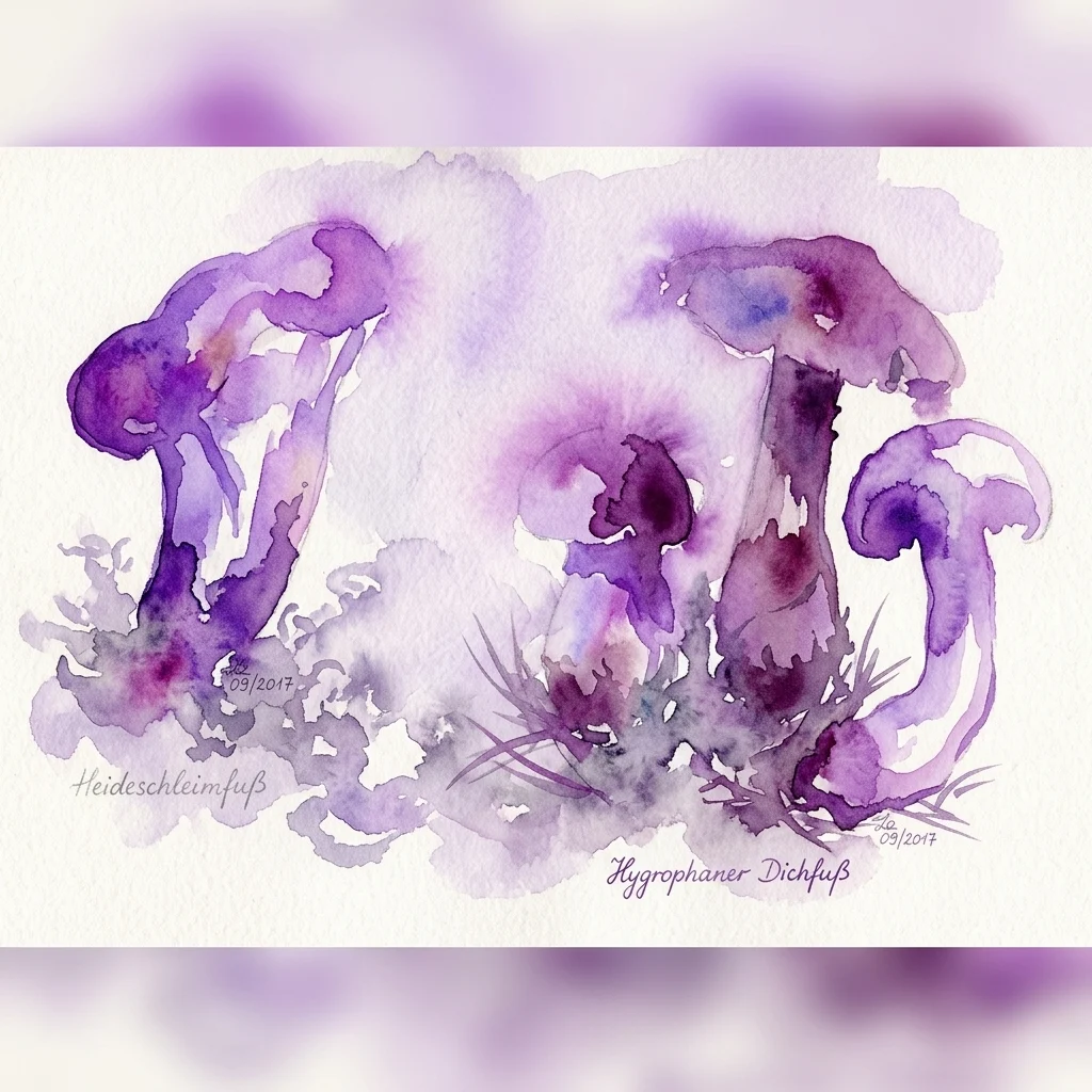 Ilustracja akwarelowa fioletowych grzybów, w tym Heideschleimfuss i Hygrophane Dichfuss, ukazująca różnorodność grzybów w naturalnym otoczeniu.