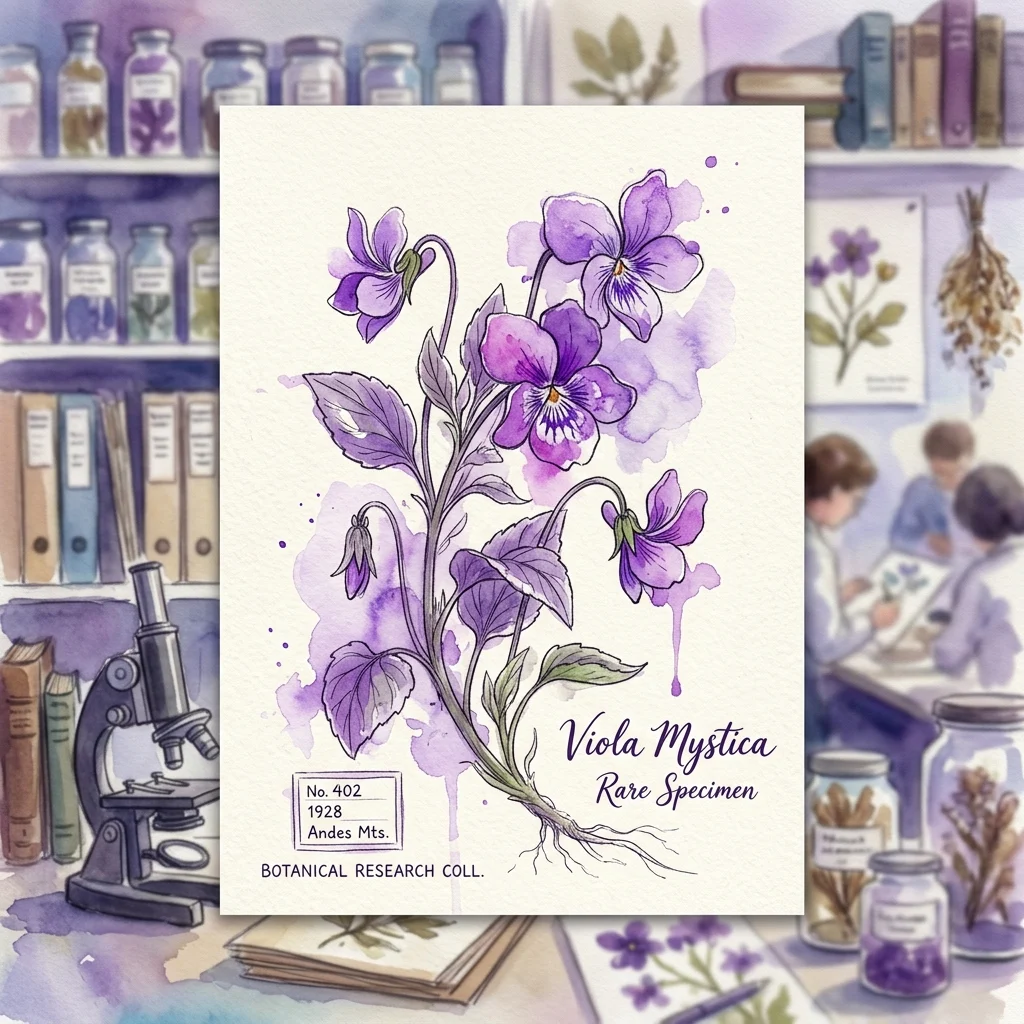 Ilustracja botaniczna Viola Mystica wykonana akwarelą, opisana jako rzadki okaz z Kolekcji Badań Botanicznych, wystawiona w muzealnym otoczeniu ze sprzętem naukowym i zakonserwowanymi okazami roślin.