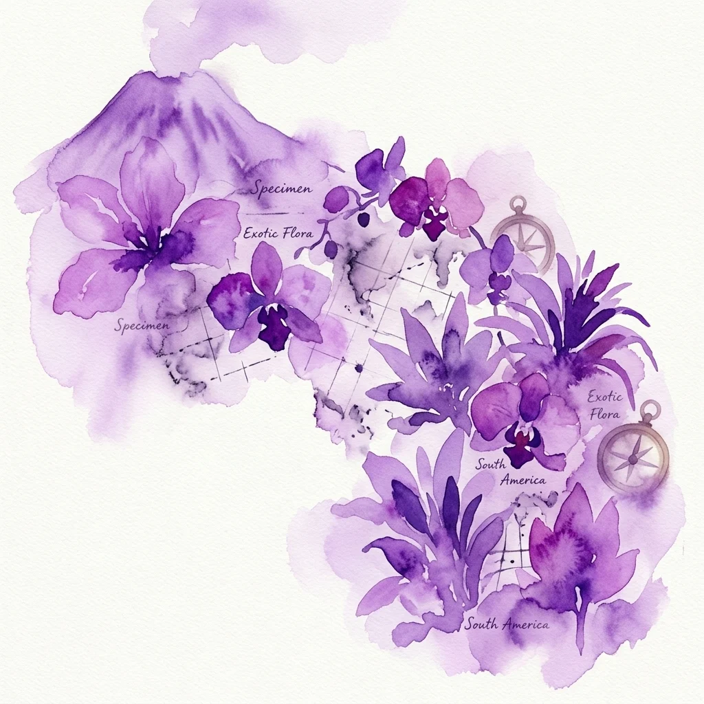 Ilustracja akwarelowa egzotycznych fioletowych orchidei i okazów botanicznych nałożona na mapę świata, z oznaczeniami 'Ameryka Południowa' i 'Egzotyczna Flora', nawiązująca do tematyki łowców roślin i globalnej eksploracji.