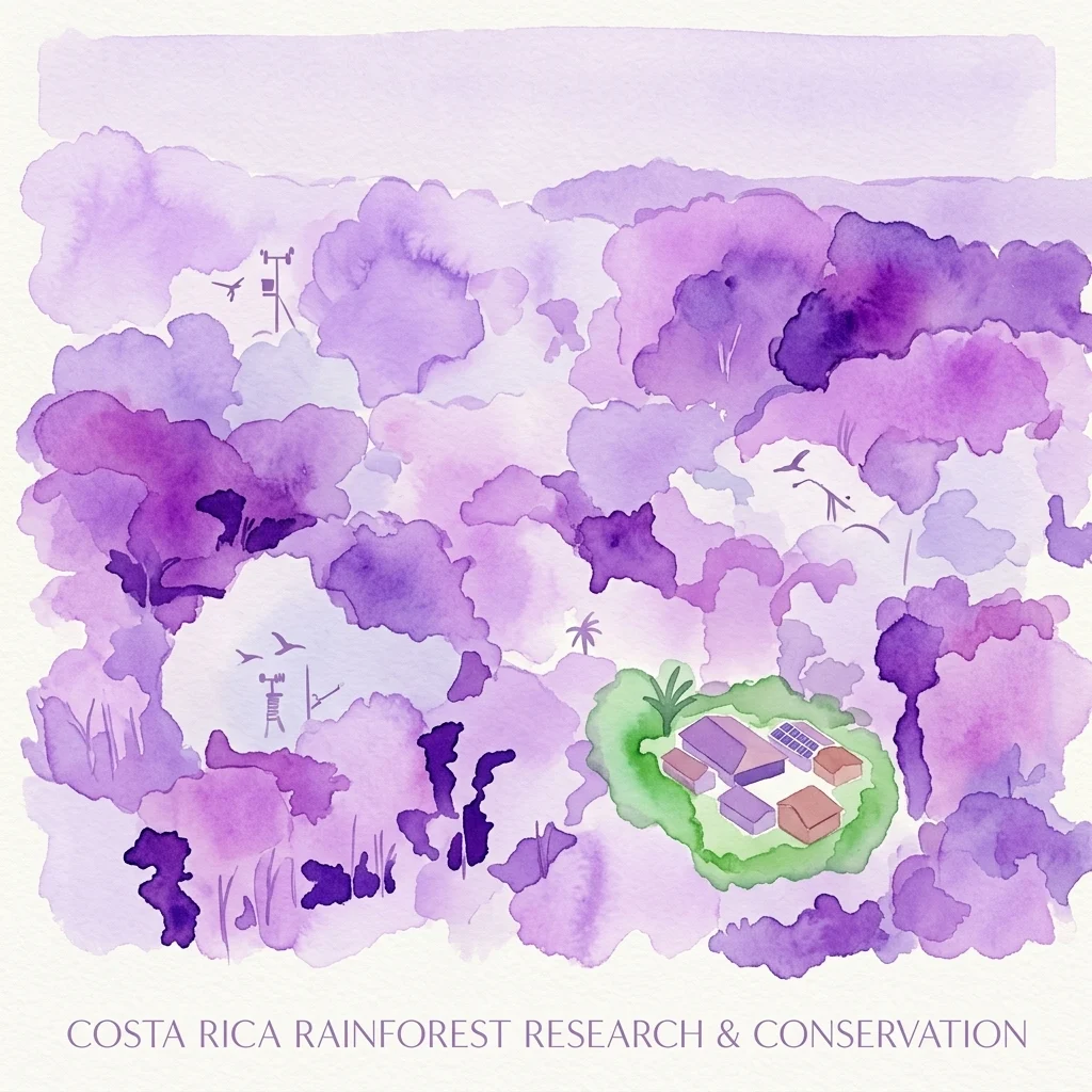 Watercolor illustration of a rainforest research station in Costa Rica, with purple trees and a green clearing containing buildings and solar panels, under a light purple sky.