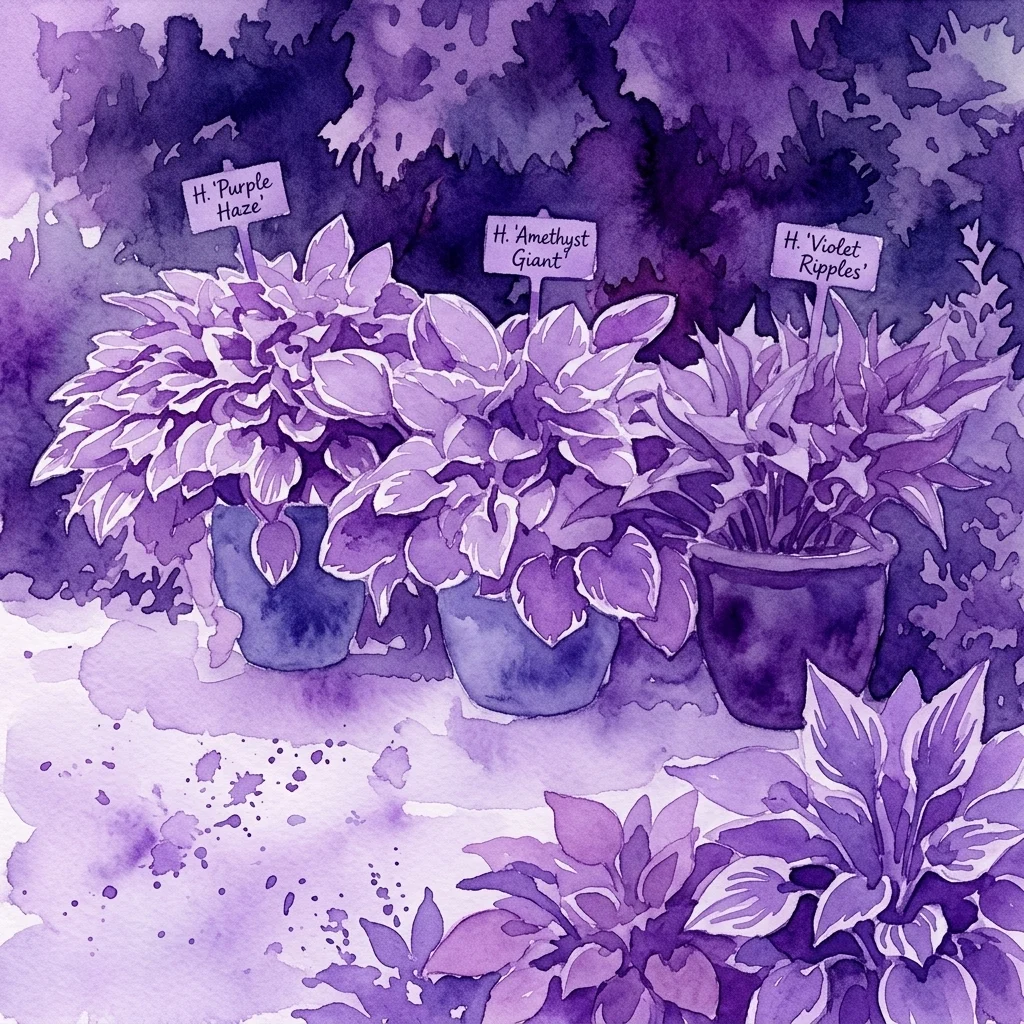 Ilustracja akwarelowa trzech host w doniczkach oznaczonych jako 'H. 'Purple Haze'', 'H. 'Amethyst Giant'' i 'H. 'Violet Ripples'', prezentowana na wystawie botanicznej.