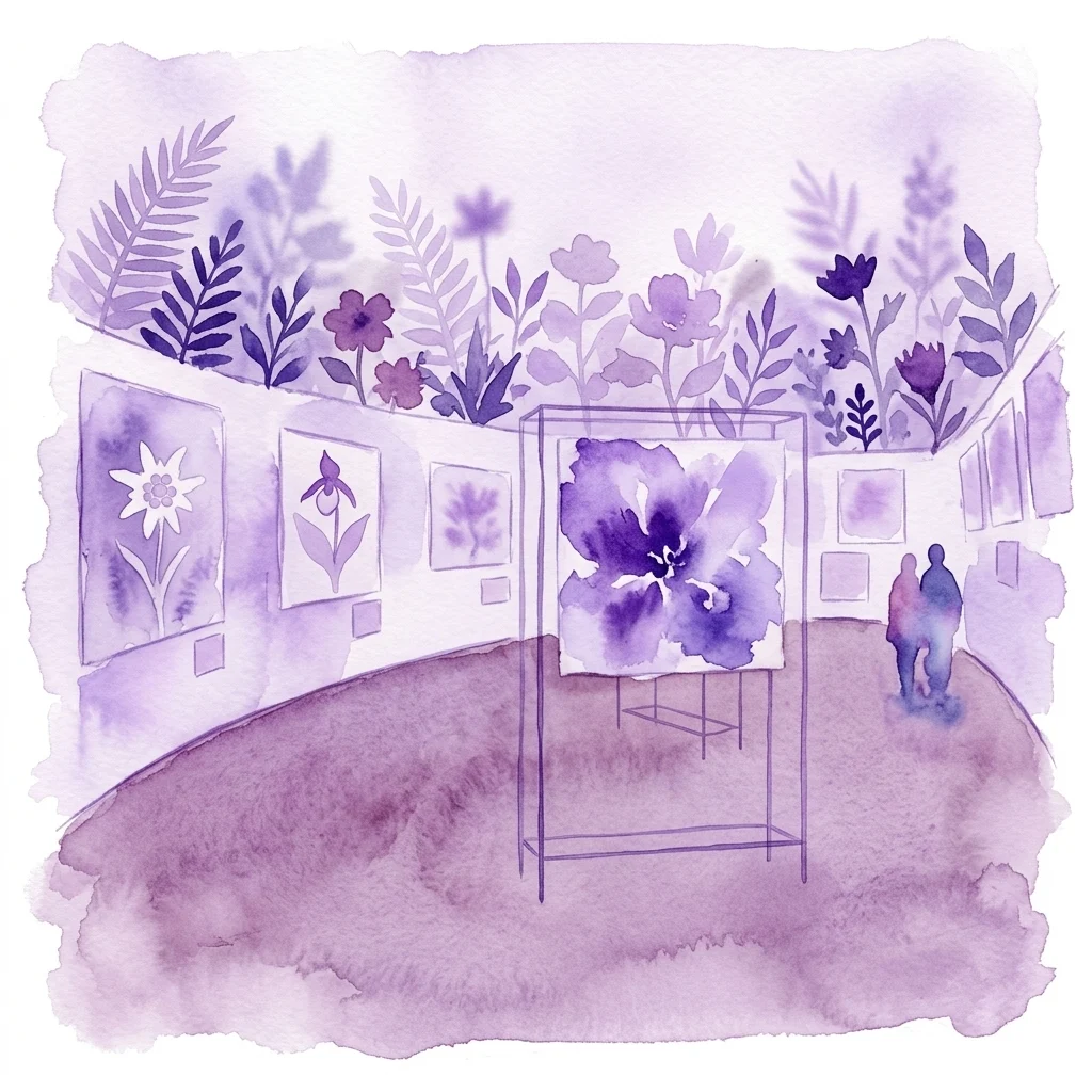 An illustrated view of an indoor exhibition featuring large floral artworks and informational panels about endangered Austrian plant species, set within a botanical garden environment.