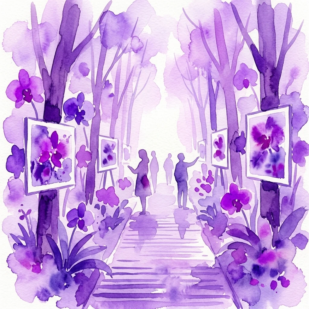 Ilustracja akwarelowa wystawy fotograficznej w ogrodzie botanicznym, przedstawiająca oprawione obrazy fioletowych orchidei wzdłuż zadrzewionej ścieżki, z odwiedzającymi oglądającymi ekspozycję.