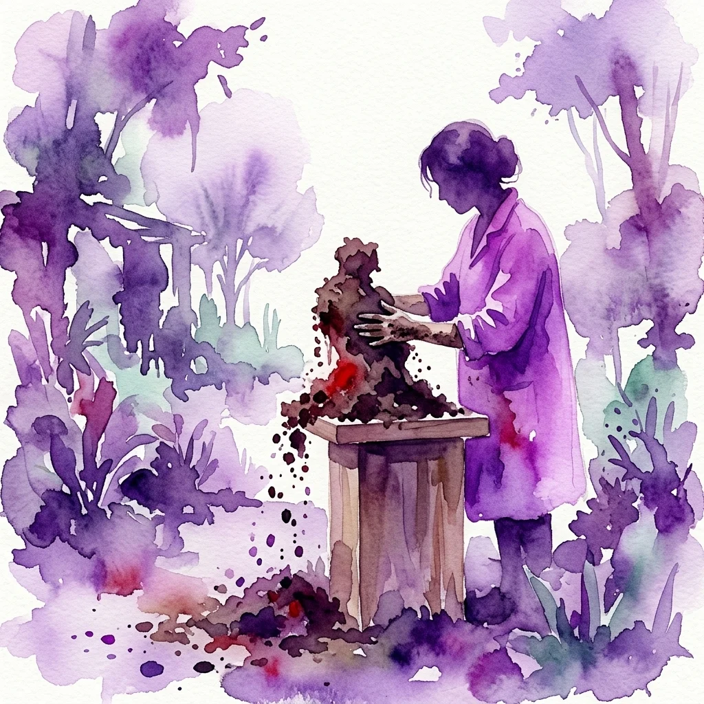 Artysta w fioletowym płaszczu tworzący rzeźbę z ziemi na postumencie w ogrodzie botanicznym, będącą częścią performance Insàturo badającego ziemię, życie i rozkład.