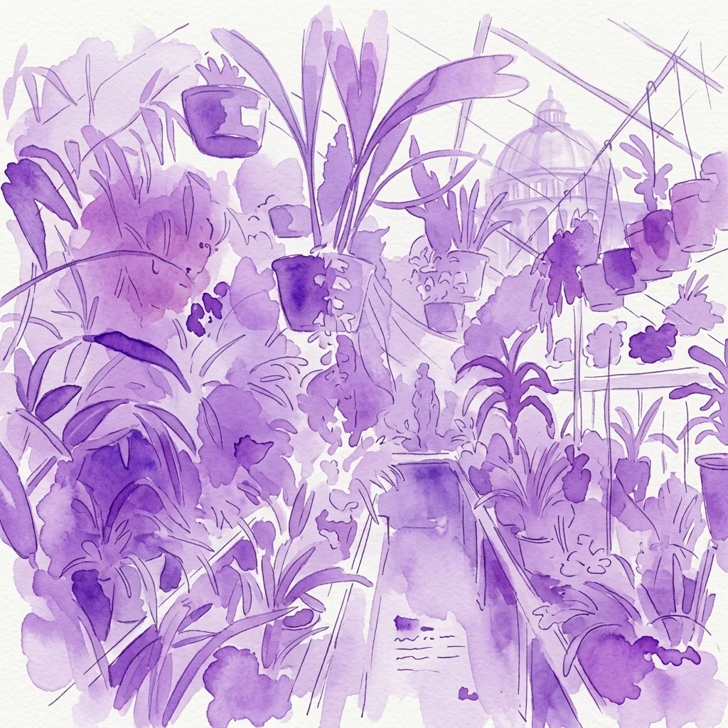 Een paarse aquarelillustratie van een botanische tuin met potplanten, hangmanden en een koepelgebouw op de achtergrond, die het Internationaal Congres van Historische Botanische Tuinen voorstelt.