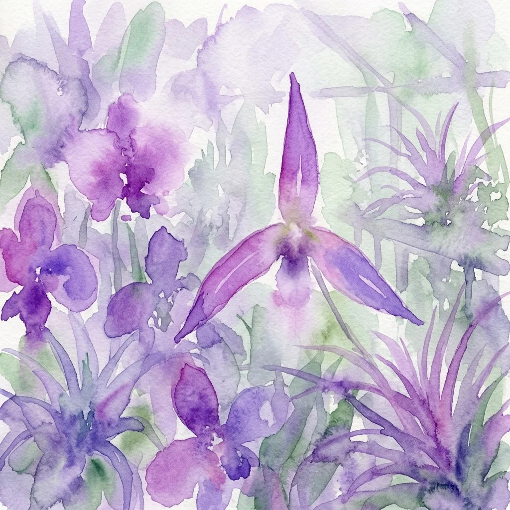 Akwarela przedstawiająca fioletowe orchidee i tillandsje z zielonym listowiem, ukazująca delikatne kwiaty w miękkim, artystycznym stylu.