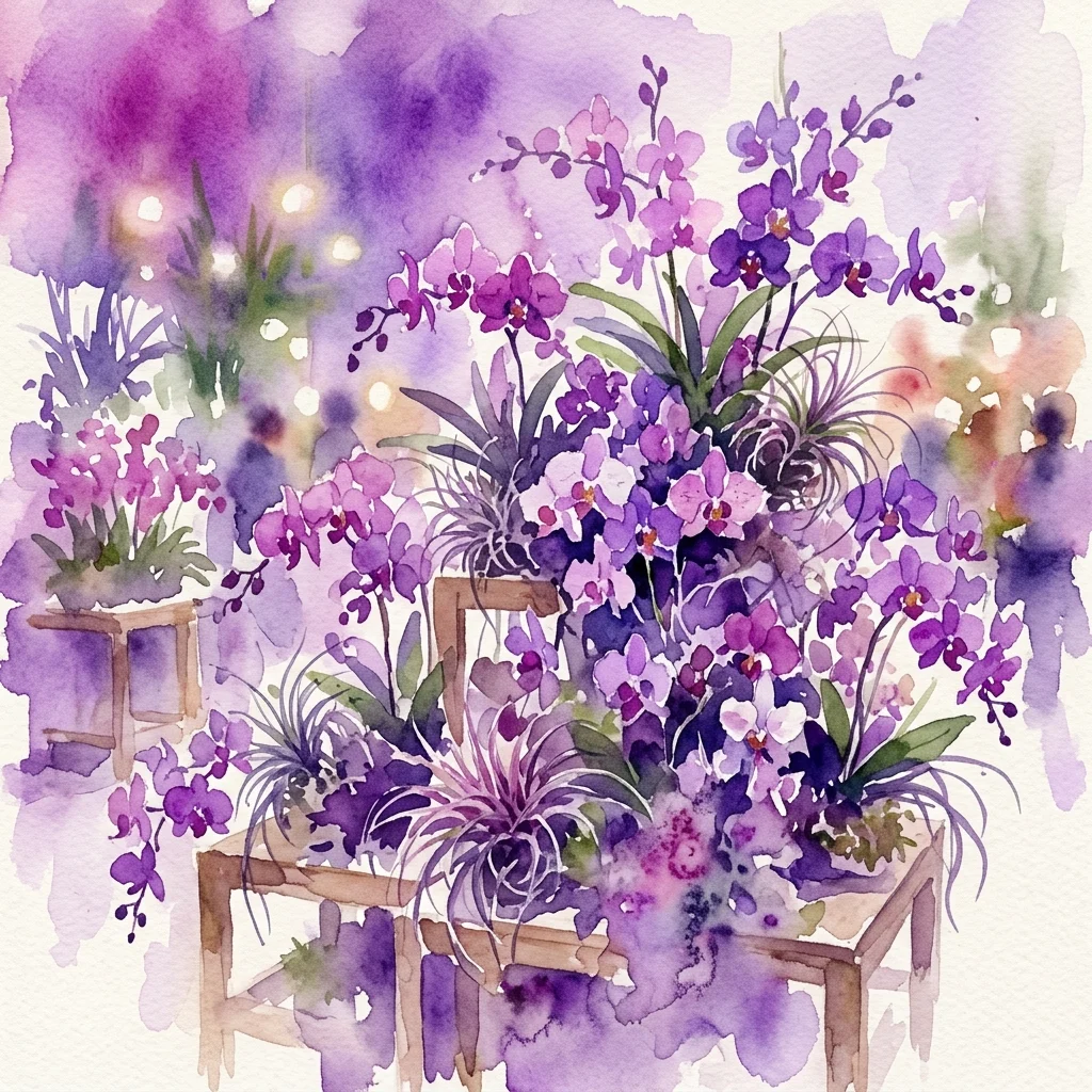 Ilustracja akwarelowa różnorodnych orchidei i tillandsji w żywych fioletach i różach, prezentowana na drewnianych stołach w scenerii wystawy ogrodniczej.