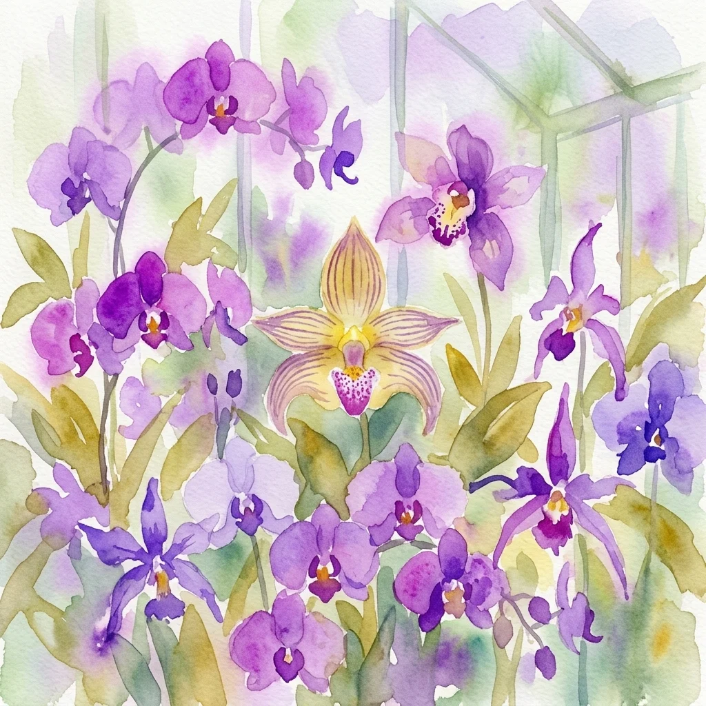 Obraz akwarelowy przedstawiający kwitnące, żywe fioletowe i żółte orchidee, na miękkim zielono-białym tle z widoczną konstrukcją szklarni.