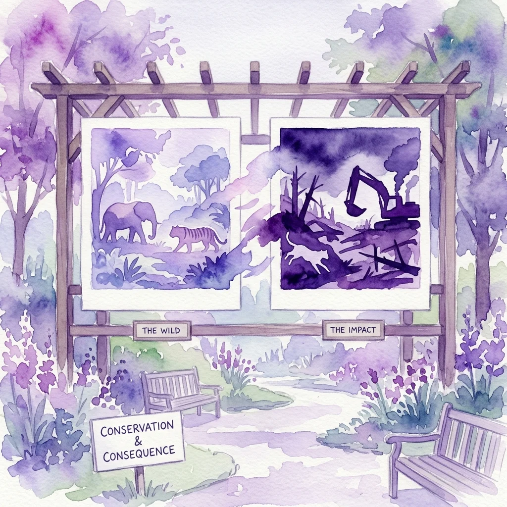 A watercolor illustration of a photography exhibition titled 'MOVING PICTURES' in a botanical garden, featuring two panels: 'THE WILD' showing elephants and tigers in a natural habitat, and 'THE IMPACT' depicting deforestation with an excavator, with a sign reading 'CONSERVATION & CONSEQUENCE'.