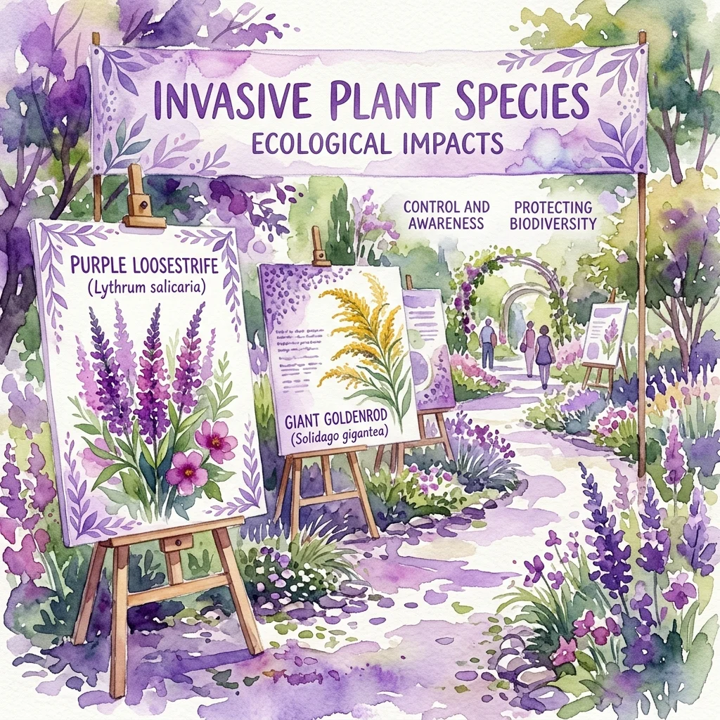 Ilustración en acuarela de una exposición al aire libre sobre especies de plantas invasoras, con paneles informativos sobre la salvia morada y la vara de oro gigante, ambientada en un jardín botánico con visitantes caminando por un sendero.