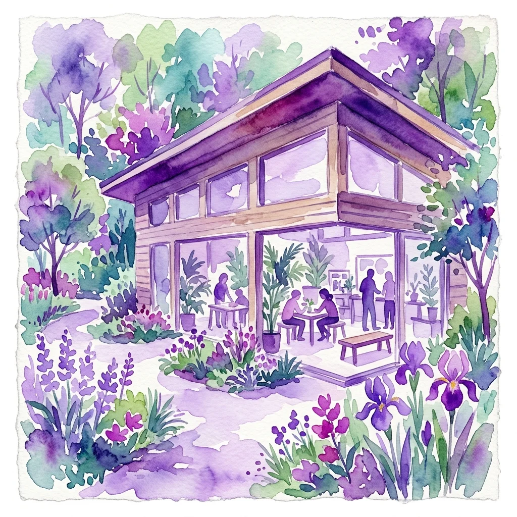 Ilustracja akwarelowa Botanicum, nowoczesnego drewnianego budynku z dużymi oknami, otoczonego bujnym ogrodem botanicznym z fioletowo-zielonym listowiem, pokazująca ludzi wewnątrz i na zewnątrz.