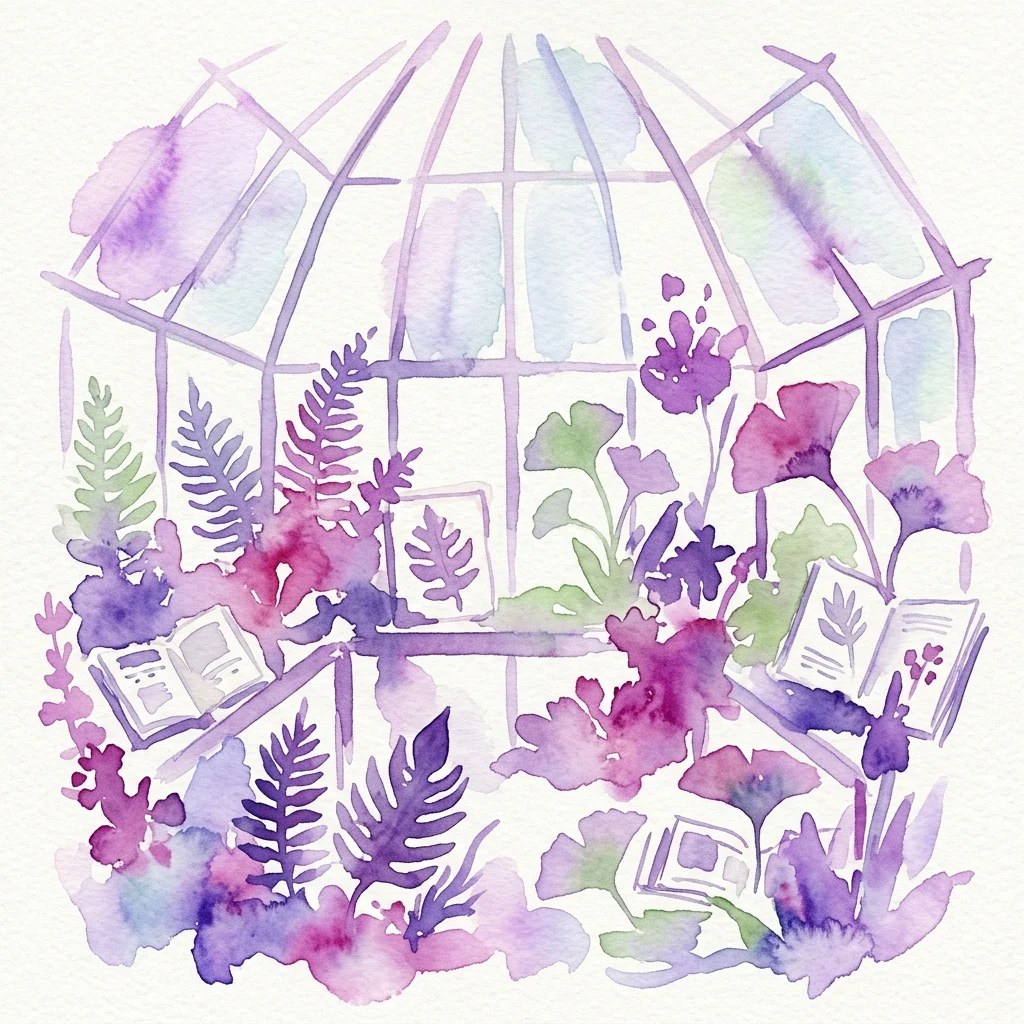 Akwarela przedstawiająca szklarnię z ilustracjami botanicznymi i otwartymi książkami, reprezentująca wystawę PalArt für PalDat autorstwa naukowców z Uniwersytetu Wiedeńskiego.