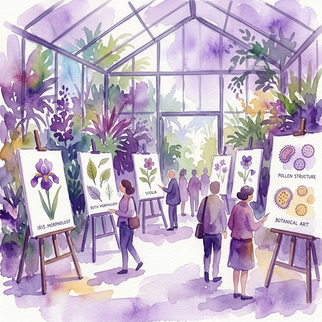 Exposición de arte 'PalArt für PalDat' con ilustraciones botánicas de la morfología del iris, la viola y las estructuras del polen, expuestas en un invernadero con visitantes observando las obras de arte.