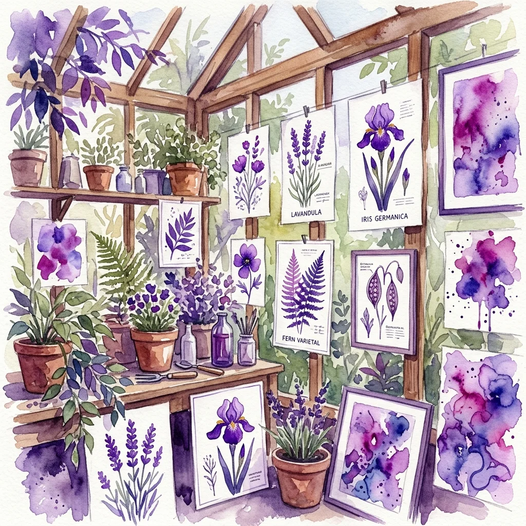 Aquarel botanische illustraties en abstracte schilderijen tentoongesteld in een kas, met gelabelde plantensoorten zoals Lavandula en Iris germanica, onderdeel van de PalArt für PalDat-tentoonstelling in de Botanische Tuin van de Universiteit van Wenen.