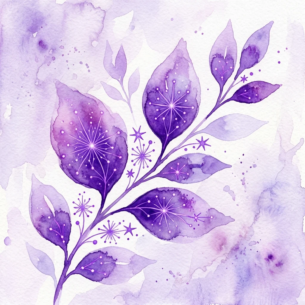 A purple watercolor illustration of botanical leaves and star-like structures, representing the PalArt für PalDat exhibition that blends art and science.