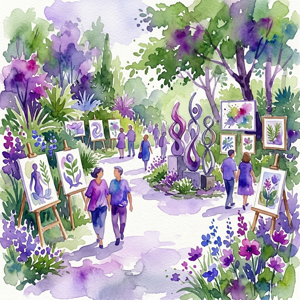 Ilustracja akwarelowa wystawy sztuki w ogrodzie botanicznym, z odwiedzającymi oglądającymi dzieła sztuki na sztalugach i rzeźby wśród bujnej zieleni i fioletowych kwiatów.