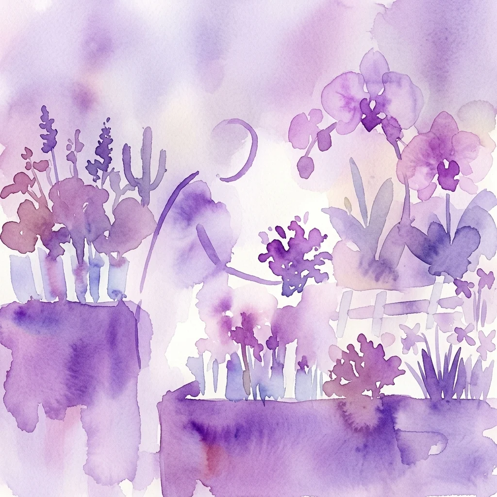 A watercolor illustration of diverse plants including orchids, cacti, and wildflowers in purple and lavender hues, representing the Rare Plants Fair at the Botanical Garden of the University of Vienna.