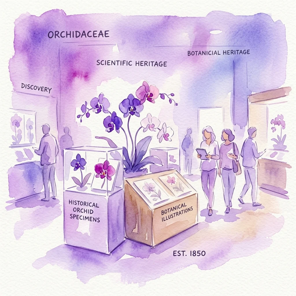 Ilustracja akwarelowa wystawy o storczykach, przedstawiająca historyczne okazy i ilustracje botaniczne pod hasłami 'Orchidaceae' i 'Dziedzictwo Naukowe', z odwiedzającymi zwiedzającymi ekspozycję.
