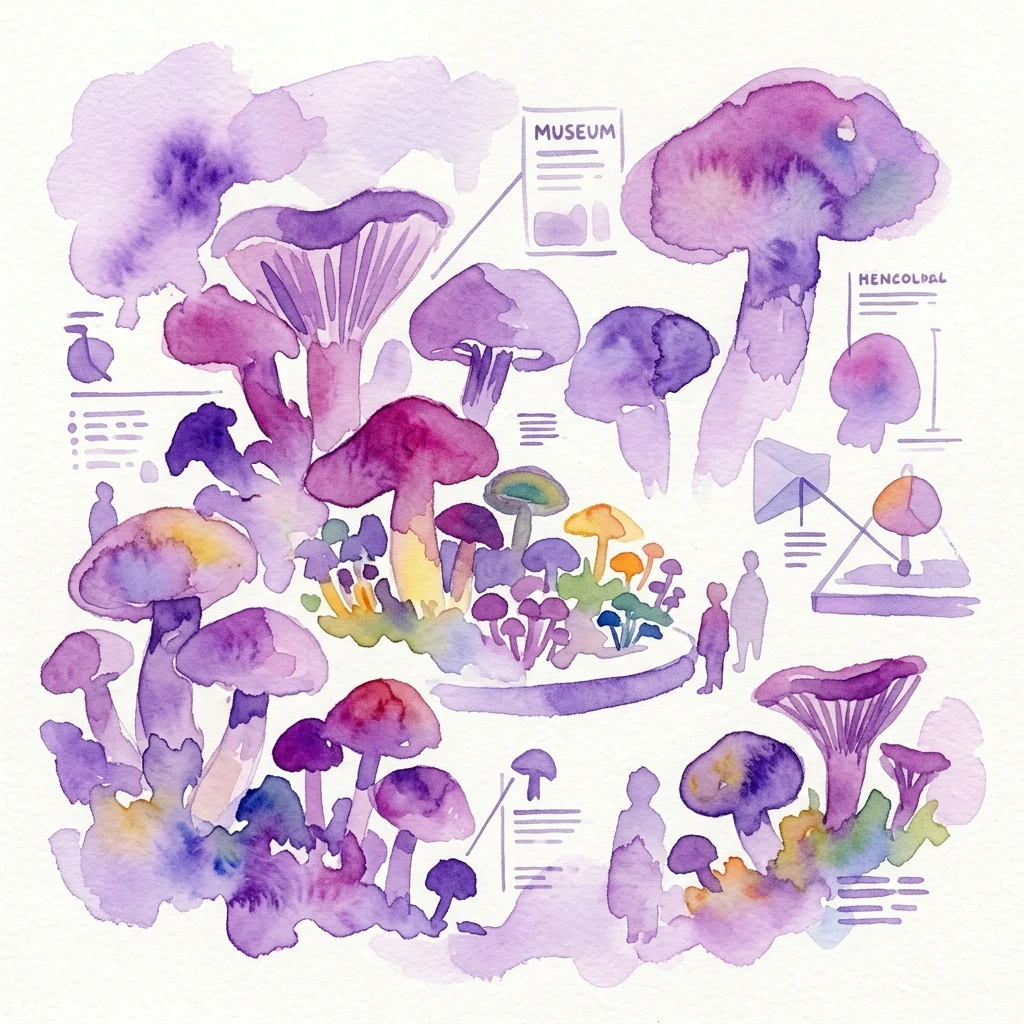 Ilustracja akwarelowa różnorodnych gatunków grzybów w odcieniach fioletu i żółci, prezentowana w muzeum z edukacyjnymi diagramami i sylwetkami zwiedzających, reprezentująca wystawę Schwammerltage Wien 2017.