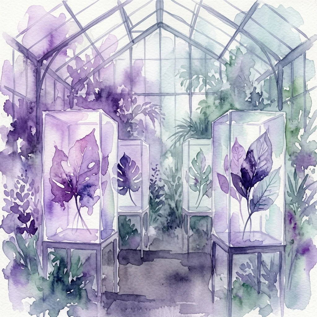 Watercolor illustration of a botanical garden greenhouse with large glass vitrines displaying artistically treated purple and green leaves, part of the 'Sleeping Leaves' contemporary art exhibition.