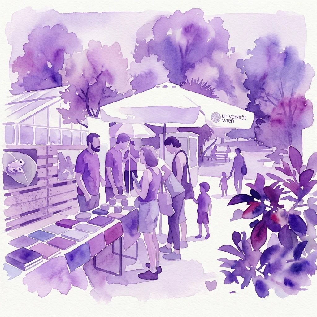 Watercolor illustration of visitors at an outdoor event at the University of Vienna's Botanical Garden, featuring interactive stations and diverse plant displays during the Tage der Artenvielfalt (Days of Biodiversity) event.