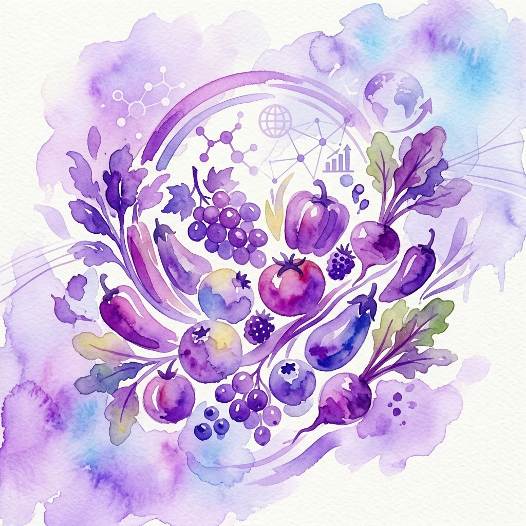 Ilustracja akwarelowa różnorodnych owoców i warzyw w purpurowych odcieniach, otoczona symbolami naukowymi, takimi jak globus, struktury molekularne i wykres słupkowy, reprezentująca wystawę 'Vielfalt am Teller' poświęconą bezpieczeństwu żywnościowemu i żywieniu.