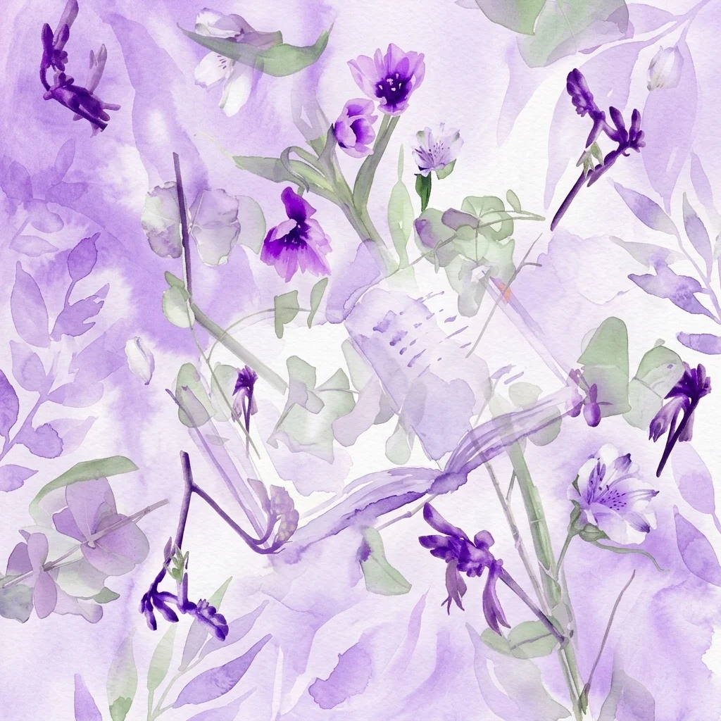 Ilustracja akwarelowa fioletowych kwiatów i zielonych liści z otwartą książką, przedstawiająca wydarzenie literackie 'Volle Blüte' w Ogrodzie Botanicznym Uniwersytetu Wiedeńskiego.