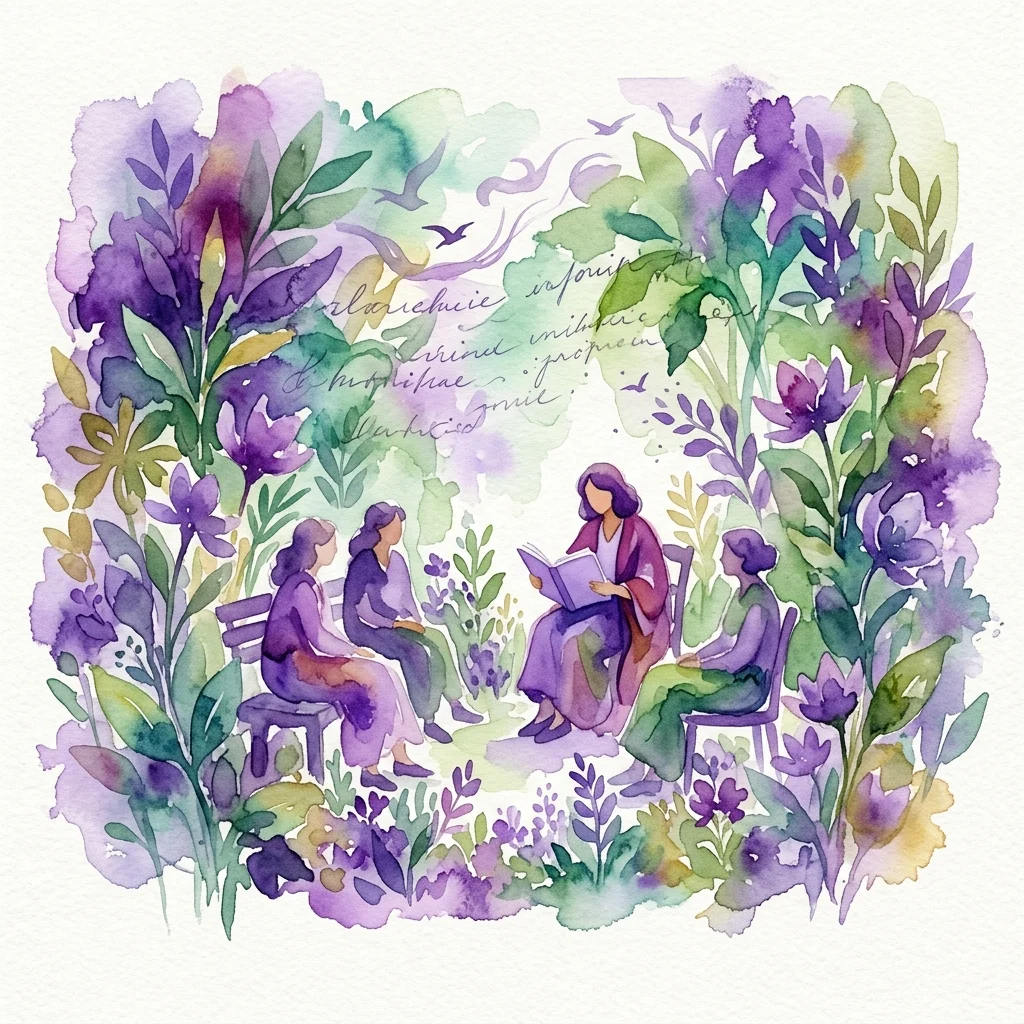 Ilustracja akwarelowa wydarzenia czytelniczego w ogrodzie botanicznym, przedstawiająca ludzi zgromadzonych wśród bujnej fioletowej i zielonej roślinności, z odręcznym tekstem i ptakami, reprezentująca serię sztuki i literatury Volle Blüte.