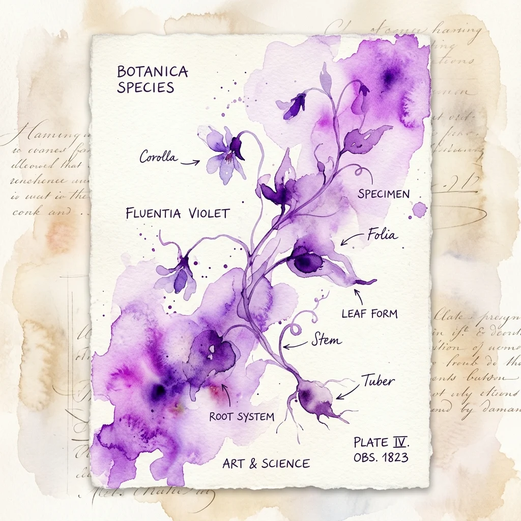 Szczegółowa ilustracja akwarelowa rośliny Fluenta Violet, opatrzona terminami botanicznymi, takimi jak korona, łodyga i bulwa, ukazująca przecięcie sztuki i nauki w ilustracji botanicznej.