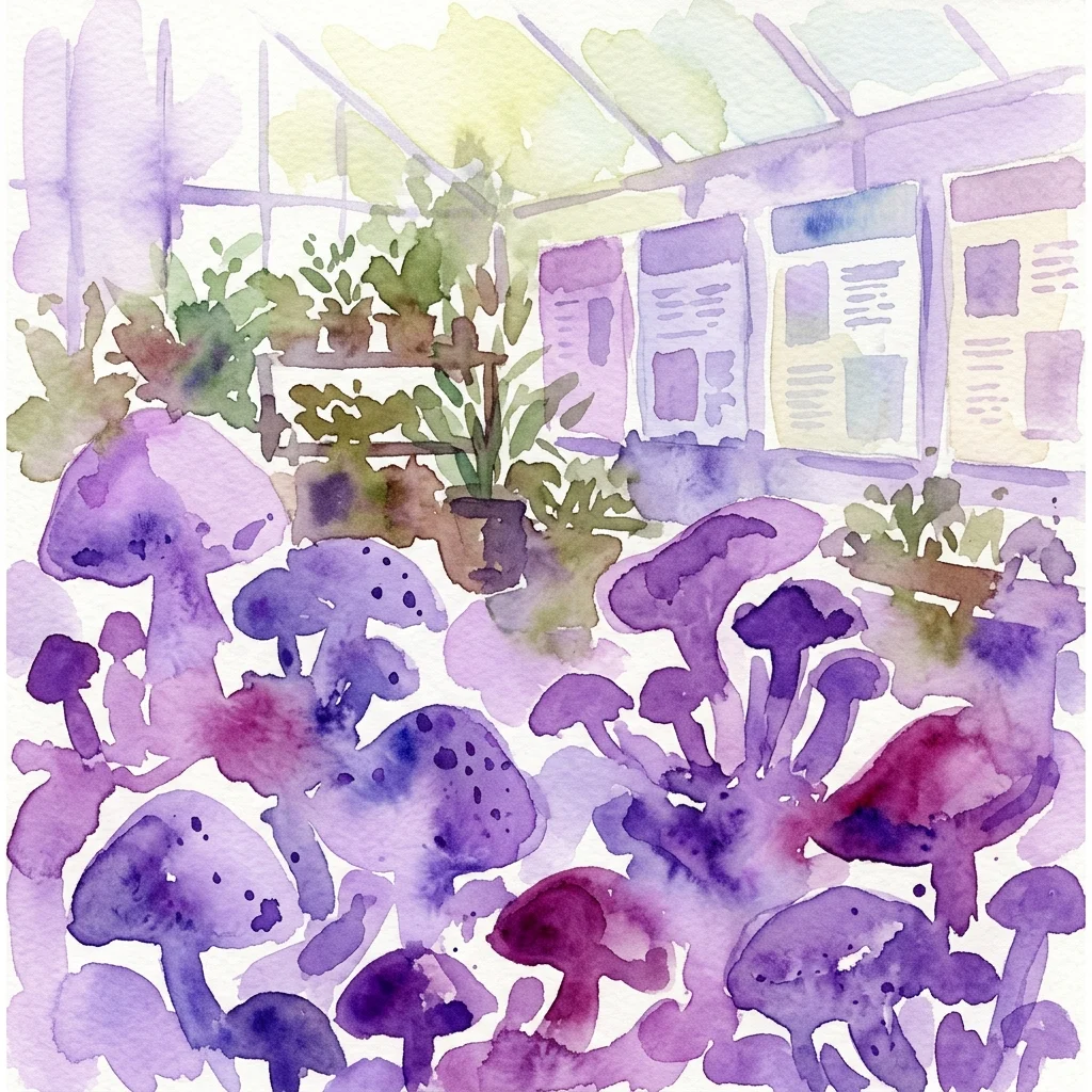 Watercolor illustration of purple mushrooms in a greenhouse setting with educational panels, representing the Wiener Schwammerltage 2024 exhibition at the Botanical Garden of the University of Vienna.
