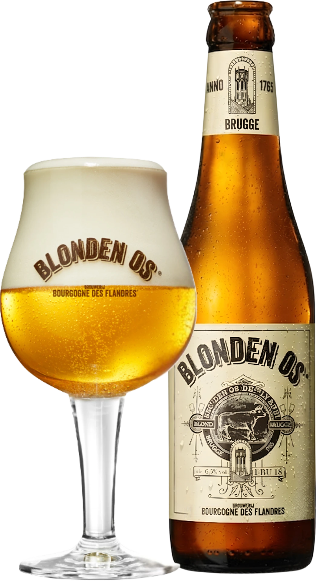Un vaso de cerveza Blonden Os con una espesa espuma blanca junto a su botella marrón, ambos con la etiqueta Bourgogne des Flandres, sobre un fondo negro
