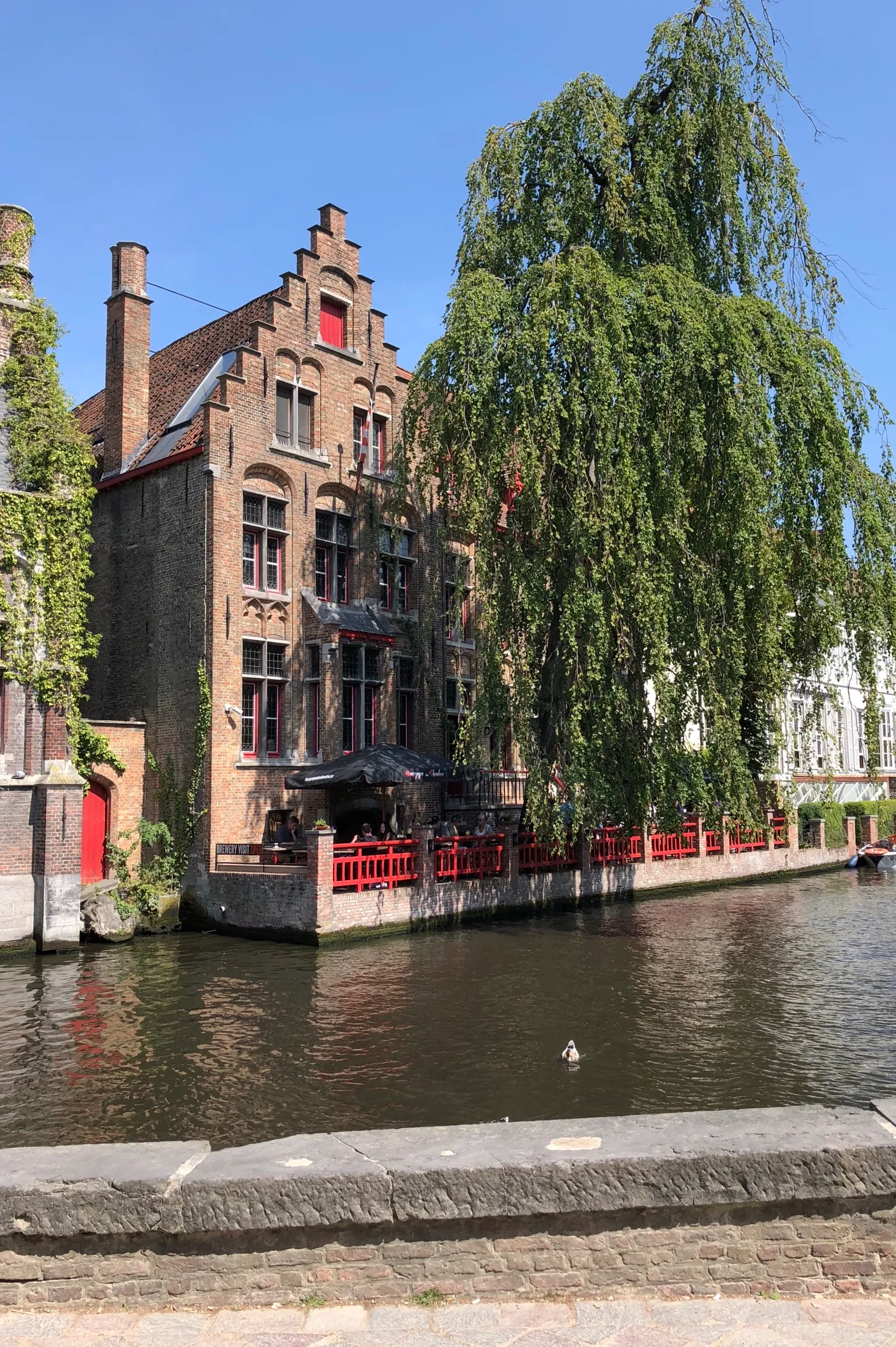 Edificio histórico de ladrillo rojo con fachada de piñón escalonado a lo largo de un canal, con un gran sauce llorón y barandillas rojas en la terraza frente al agua