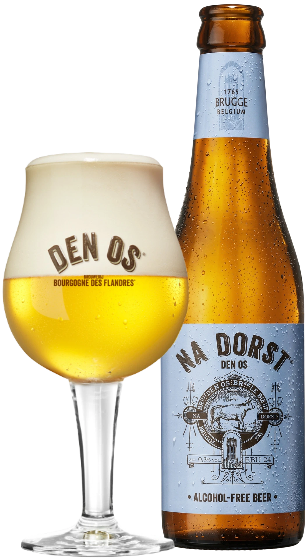 A bottle of Na Dorst Den Os alcohol-free beer next to a tulip glass filled with golden beer and white foam, with Den Os and Bourgogne des Flandres branding on the glass.