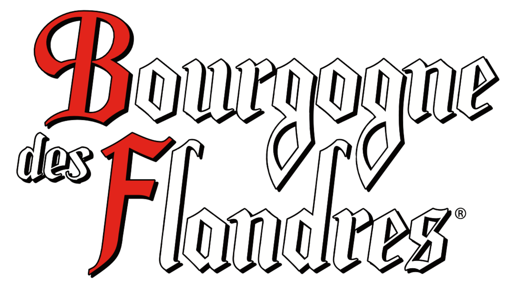 Logotipo de Bourgogne des Flandres en letras góticas blancas y rojas sobre un fondo negro