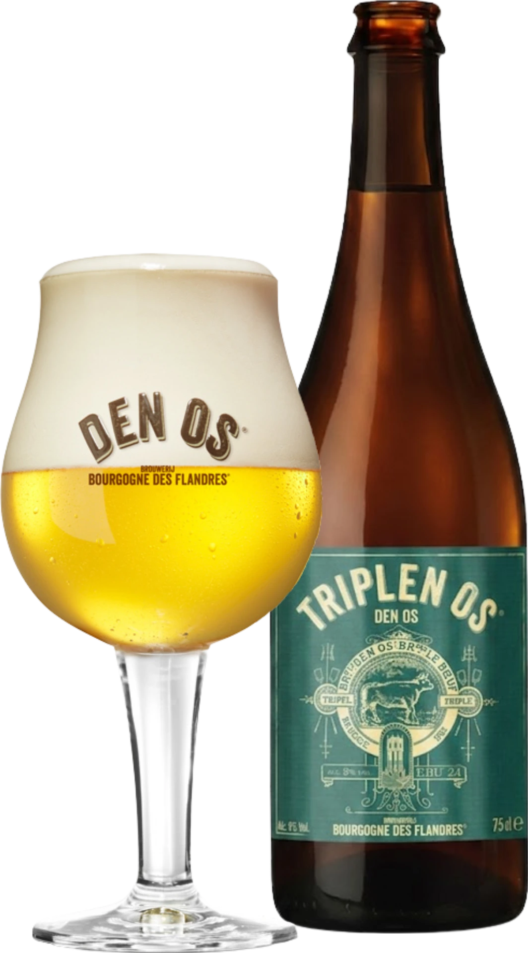 A tulip glass filled with golden Triplen Os beer topped with thick white foam, standing next to a brown glass bottle with a green label reading 'Triplen Os Den Os Bourgogne des Flandres' against a black background