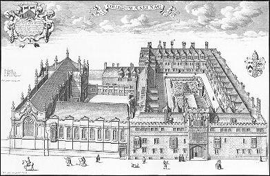 Historyczny sztych przedstawiający widok z lotu ptaka na Brasenose College wraz z kaplicą, dziedzińcem i okolicznymi budynkami, pochodzący z dzieła Loggana Oxonia Illustrata.