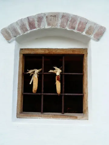 Brick arch over a wooden window with two dried corn cobs hanging inside