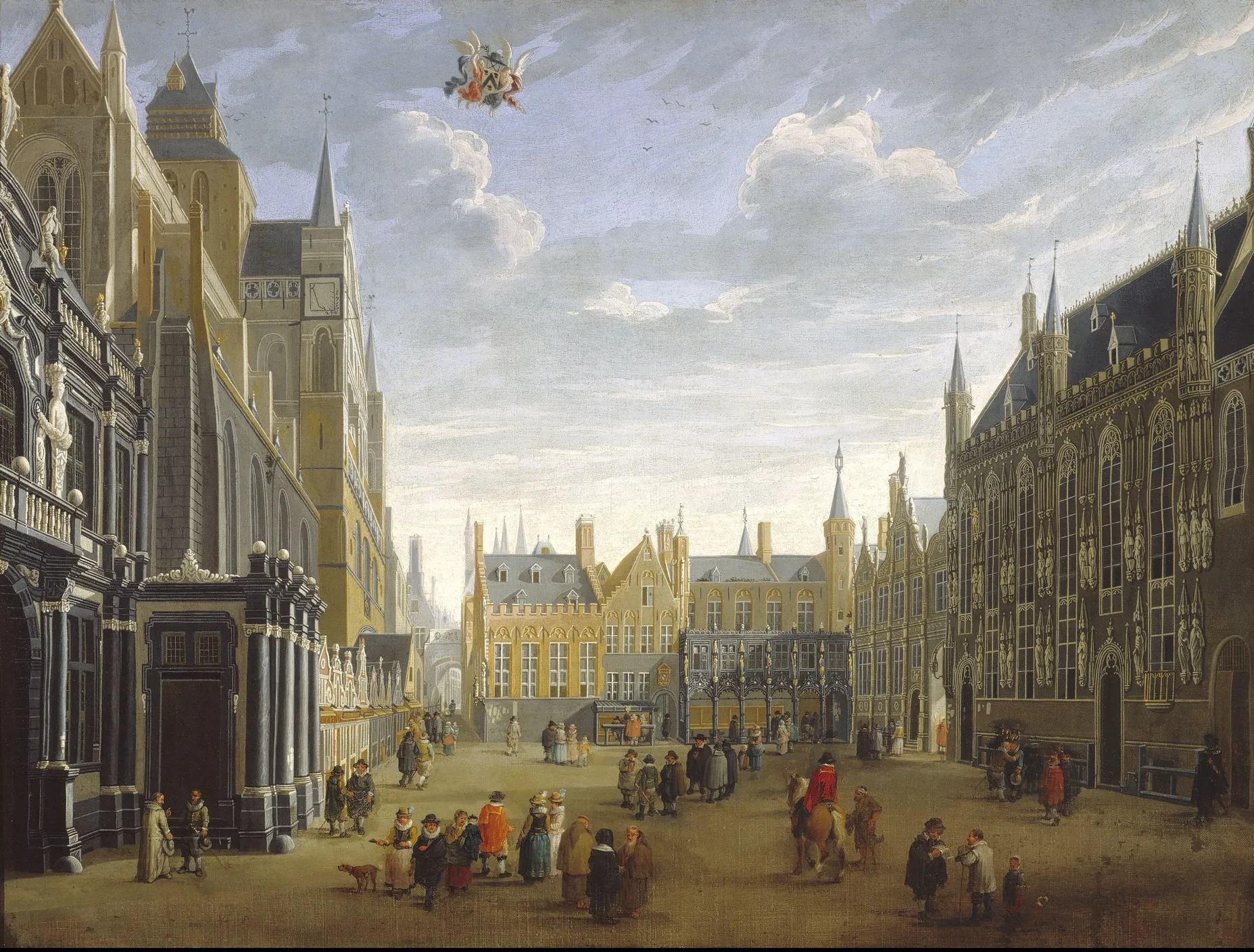 Pintura histórica que representa la plaza Burg en Brujas con personas vestidas de época, edificios góticos y un escudo de armas en el cielo nublado.
