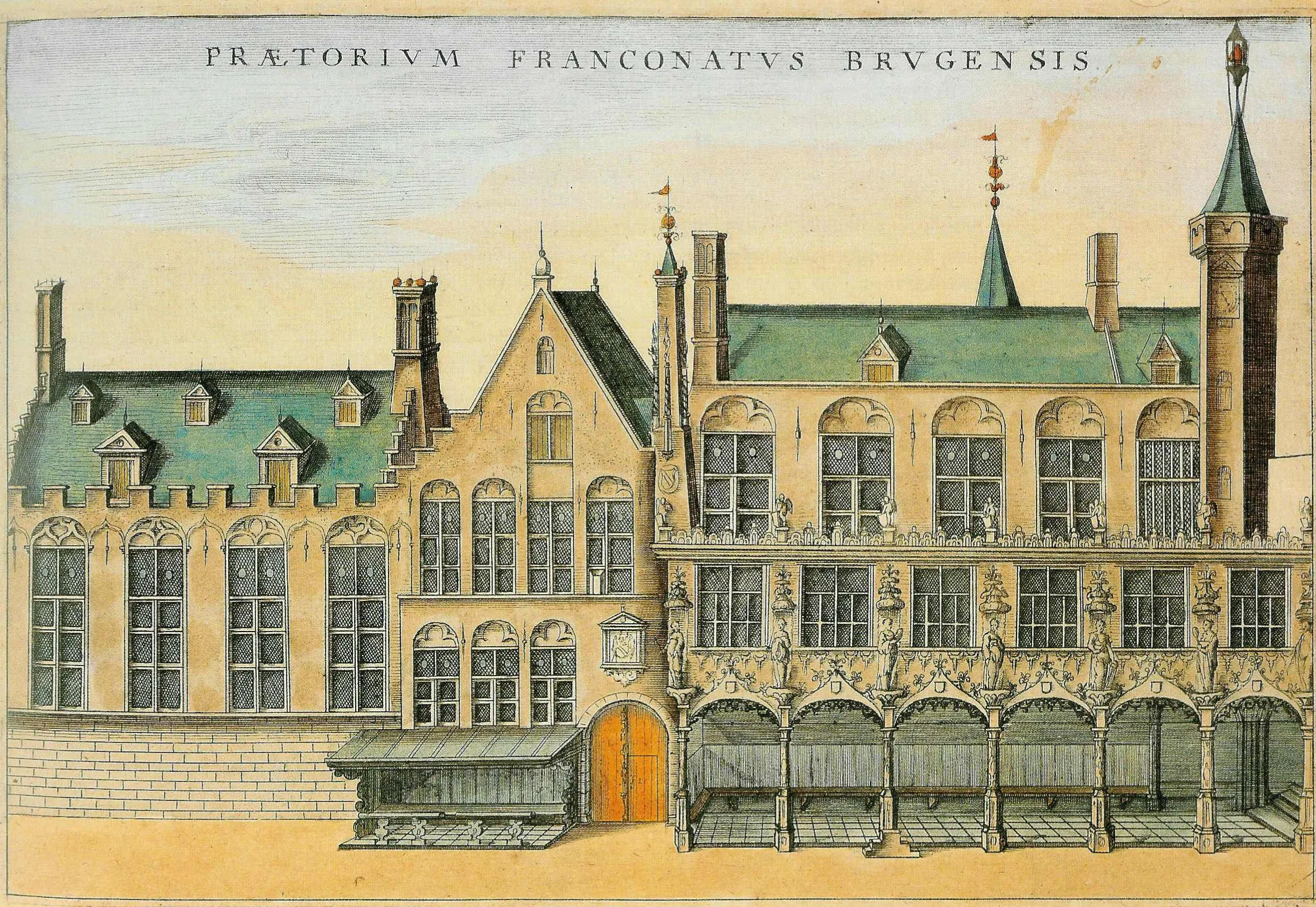 Grabado histórico de la fachada del edificio del Brugse Vrije con arquitectura gótica, tejados verdes y una torre, etiquetado como 'PRÆTORIVM FRANCONATVS BRVGENSIS'.