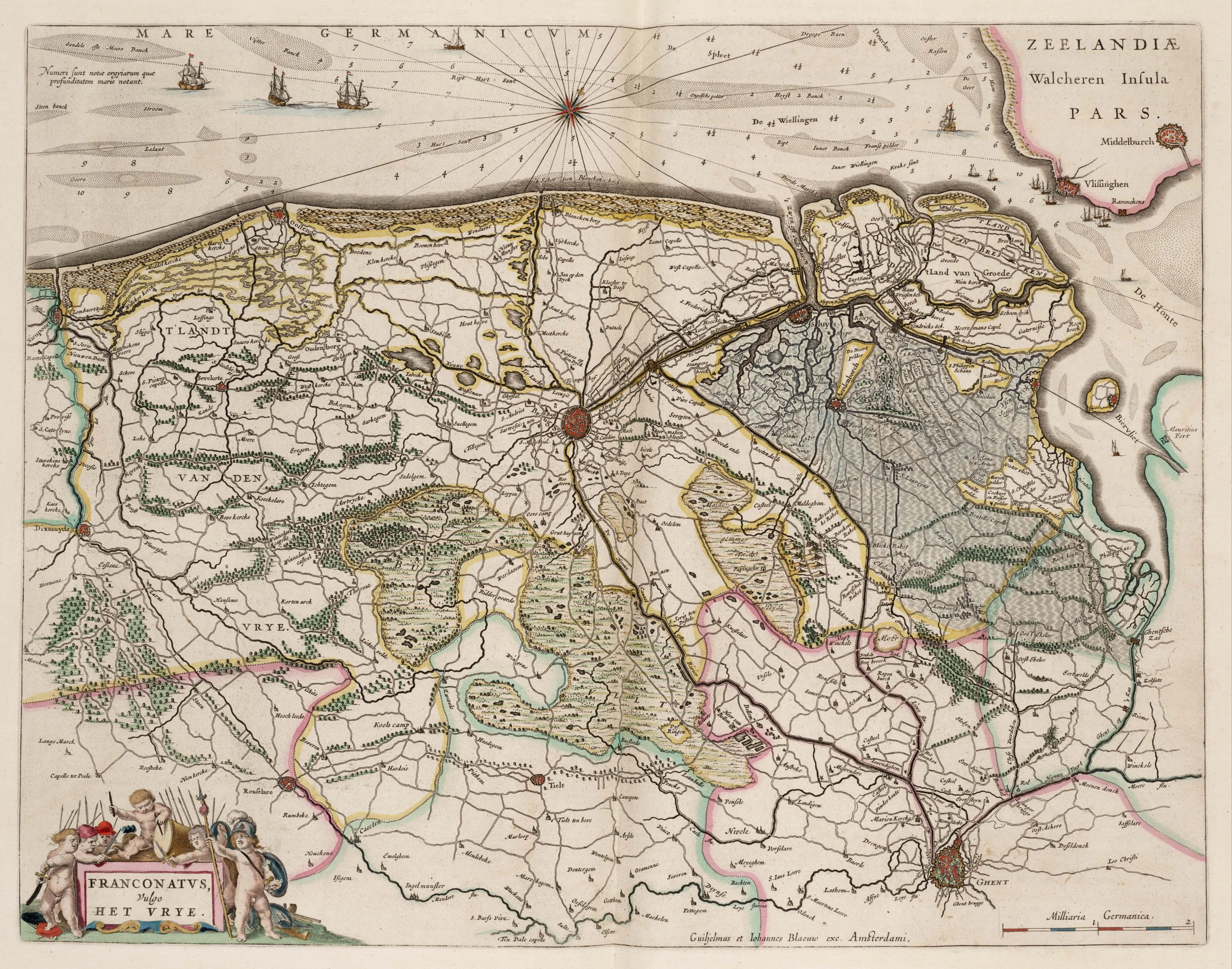Mapa histórico de 1664 que representa la región del Brugse Vrije con costas, vías fluviales, asentamientos y una cartela decorativa en la esquina inferior izquierda.