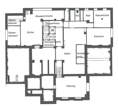 plano arquitectónico en blanco y negro con etiquetas en alemán para habitaciones como cocina, baño y comedor