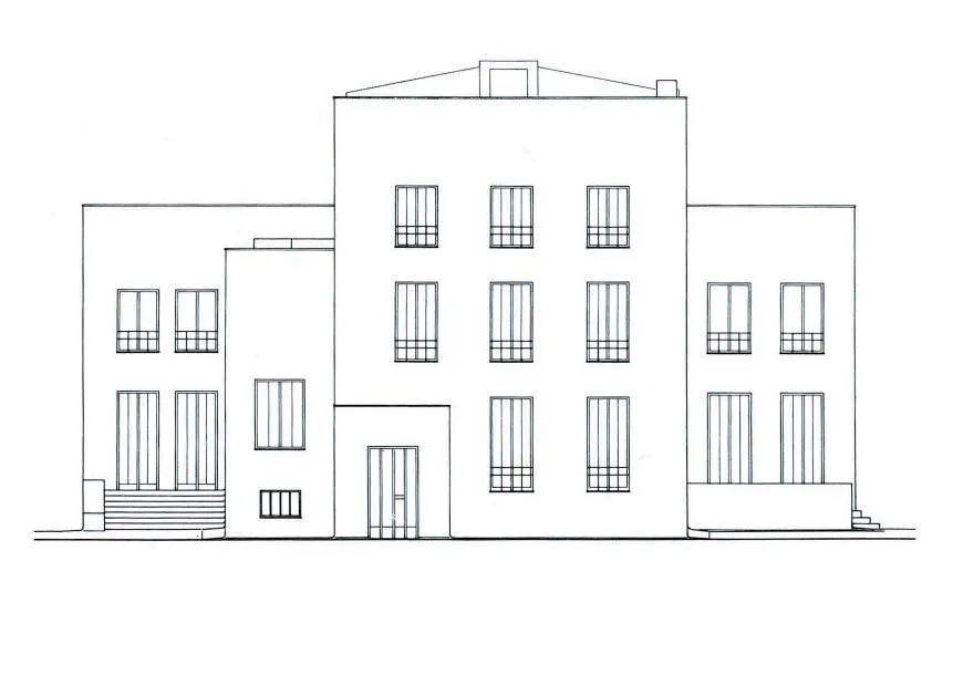 lijntekening van een modernistisch gebouw met meerdere ramen en een centrale ingang