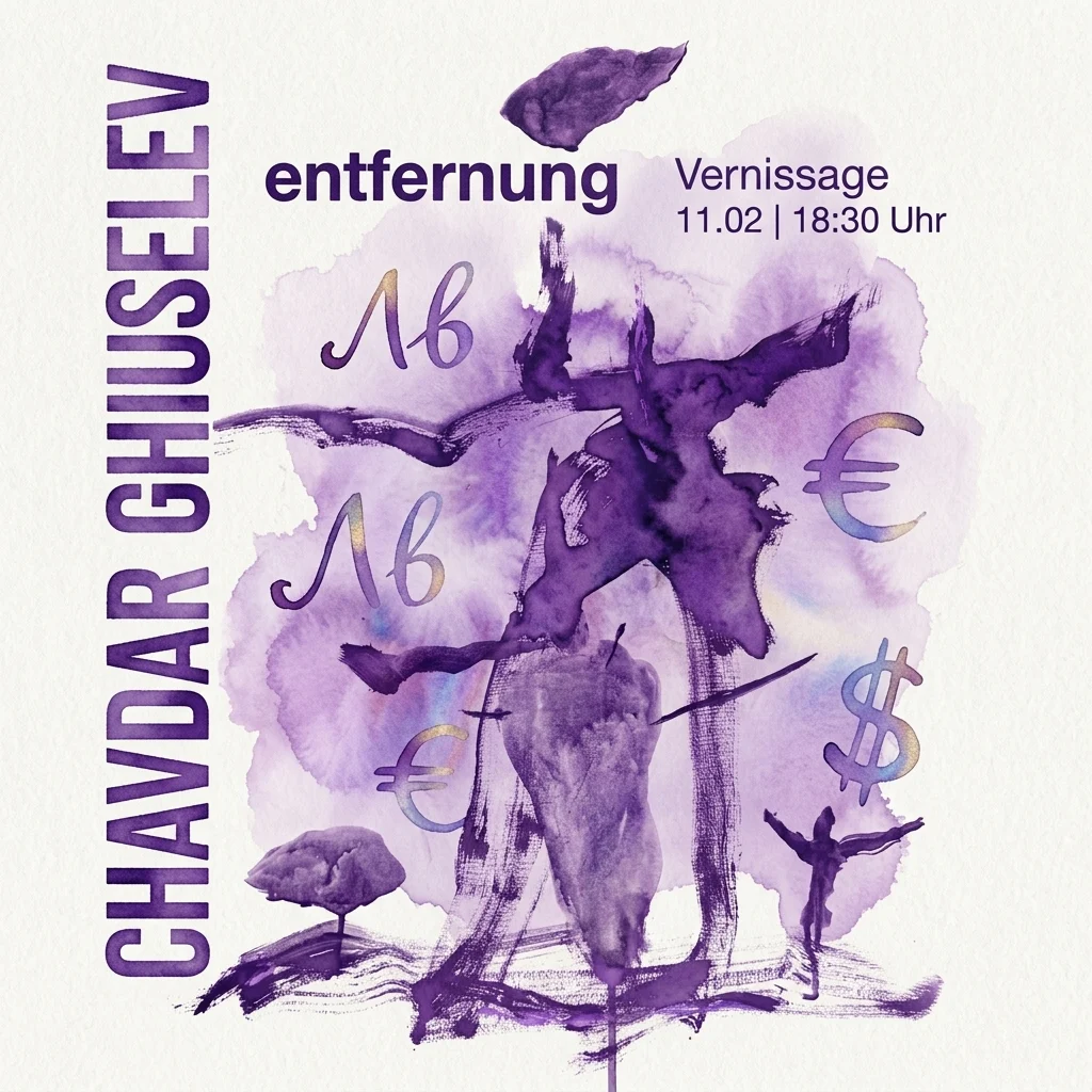Art exhibition poster for Chavdar Ghiuselev's 'entfernung' featuring abstract purple watercolor design with currency symbols like €, $, and Bulgarian lev, and silhouettes of figures and trees.