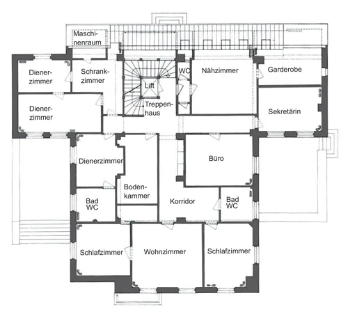 Plano de planta de un edificio con habitaciones etiquetadas en alemán, como 'Dienerzimmer', 'Wohnzimmer' y 'Treppenhaus'.