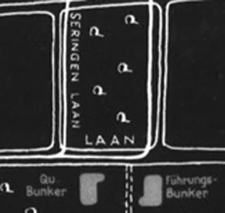 Mapa esquemático en blanco y negro que muestra las ubicaciones de los búnkeres, incluidos el Qu. Bunker y el Führungs-Bunker cerca de Seringen Laan.