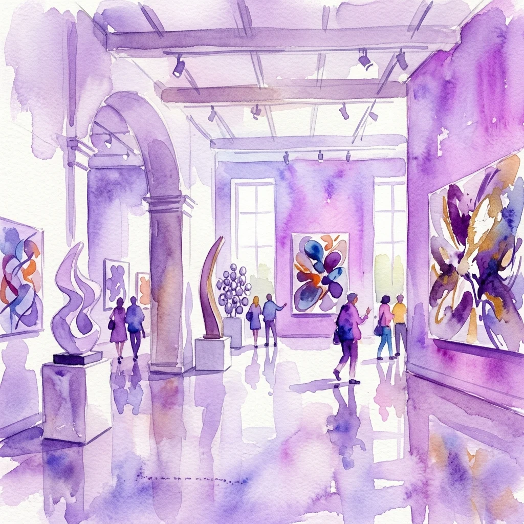 Een aquarelillustratie van het interieur van Albertina Modern, met abstracte kunstwerken, sculpturen en bezoekers in een ruime galerie met paars getinte verlichting.