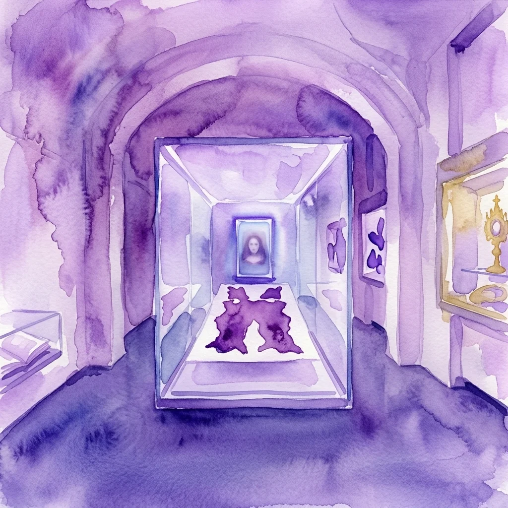 Una ilustración en acuarela de una galería de museo con iluminación púrpura, que presenta una vitrina central con un retrato antiguo y otros artefactos, reflejando la mezcla de arte histórico y contemporáneo del Dom Museum Wien.